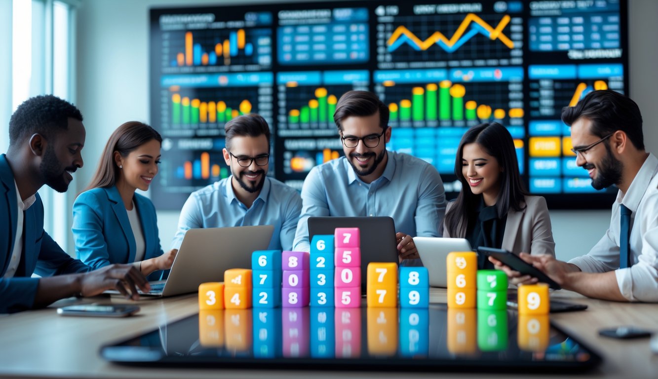 Orang-orang menggunakan perangkat digital di kantor modern dengan layar besar menampilkan angka lotere 3D dan grafik.