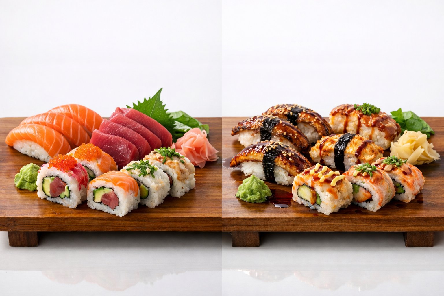 A wooden board displaying a variety of raw sushi pieces on one side and cooked sushi pieces on the other side, with garnishes like wasabi and pickled ginger.