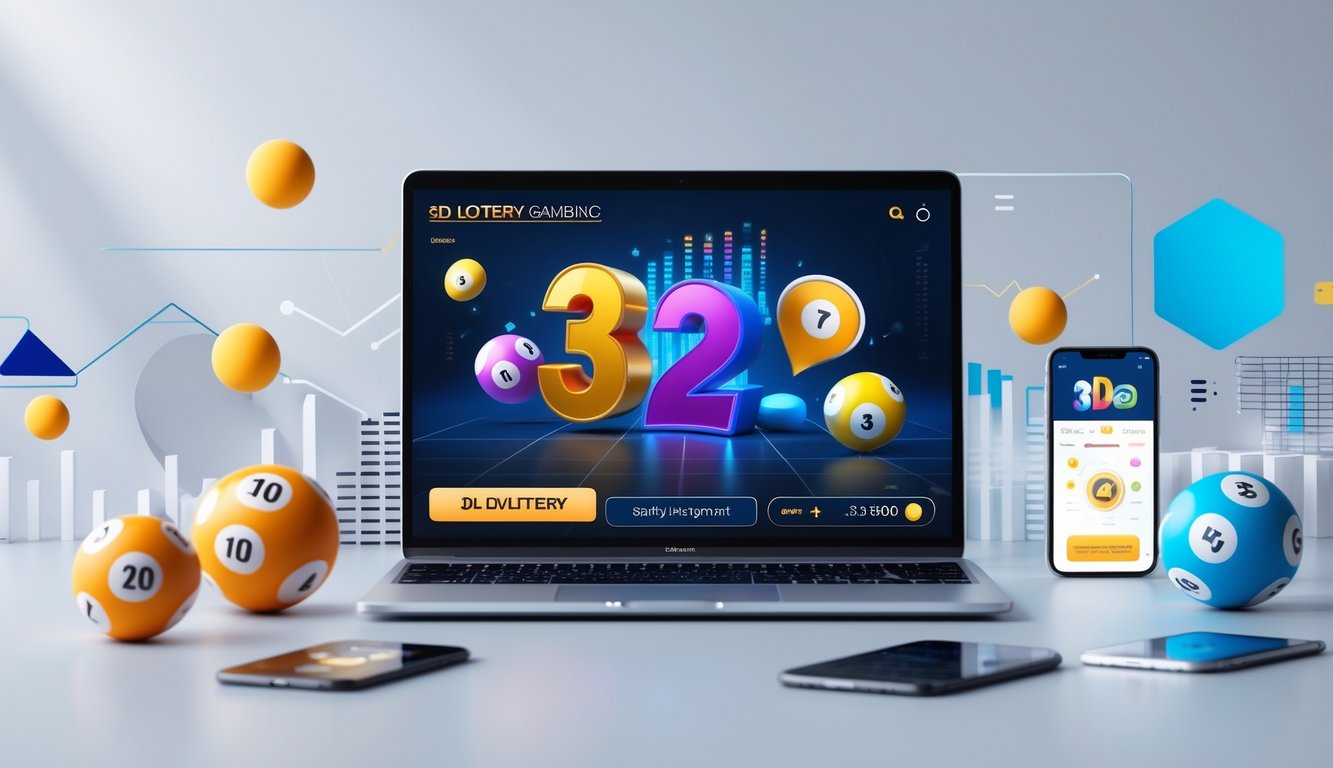 Meja kerja dengan laptop menampilkan angka dan grafik togel 3D, dikelilingi bola togel dan ponsel dengan aplikasi togel.