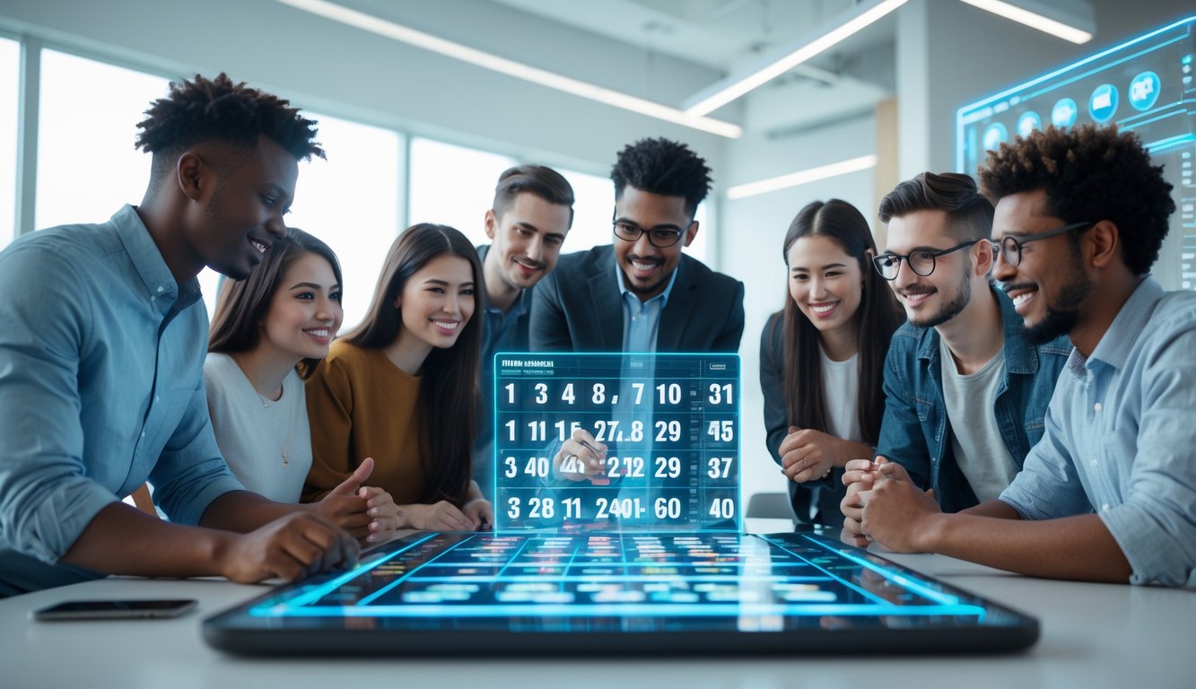 Sekelompok orang muda sedang berdiskusi di depan layar digital dengan angka dan grafik lotere 3D dalam ruangan kantor modern.