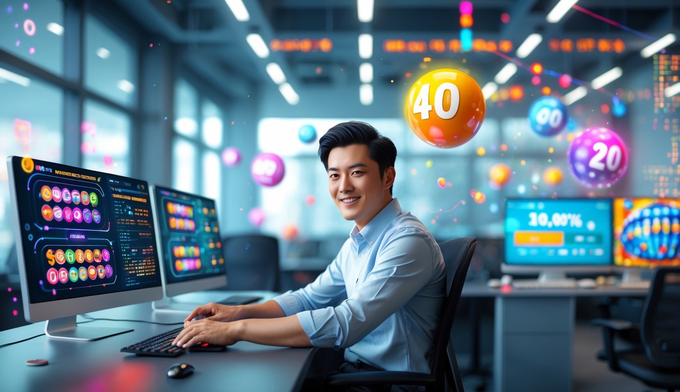 Seorang pria muda duduk di depan beberapa layar komputer yang menampilkan grafik lotre 3D dan data kemenangan tinggi di sebuah kantor modern.