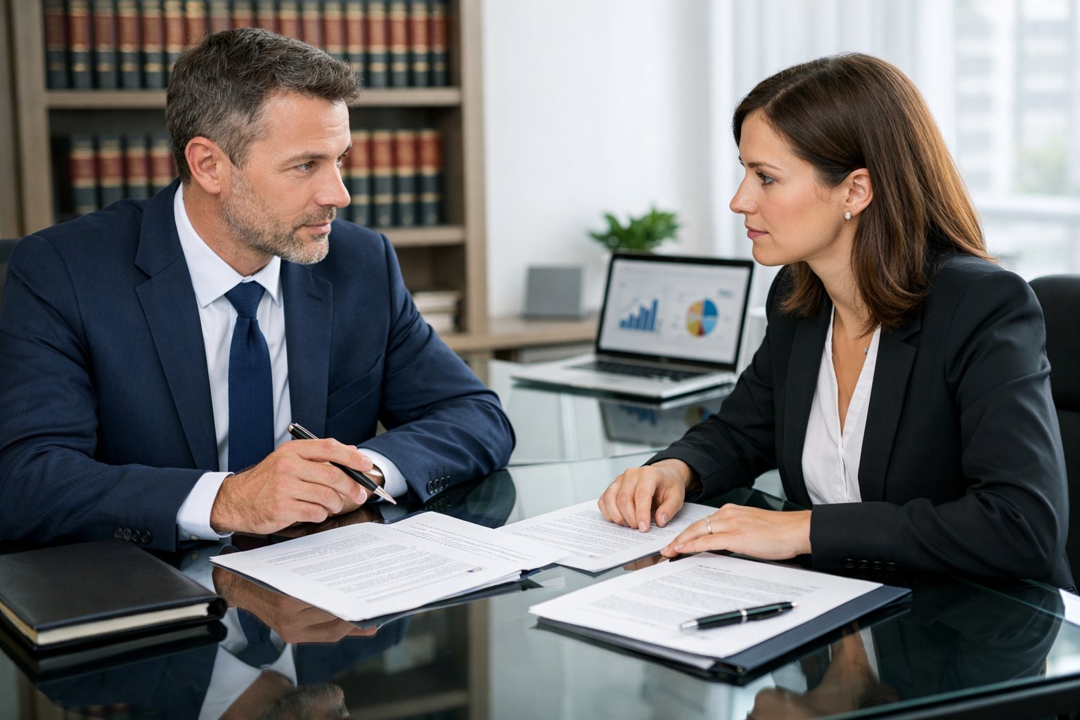 Concurrentie- en relatiebedingen: wat mag wel en wat niet? Uitleg & Regels 1 Twee zakelijke professionals bespreken documenten aan een glazen tafel in een moderne kantooromgeving.