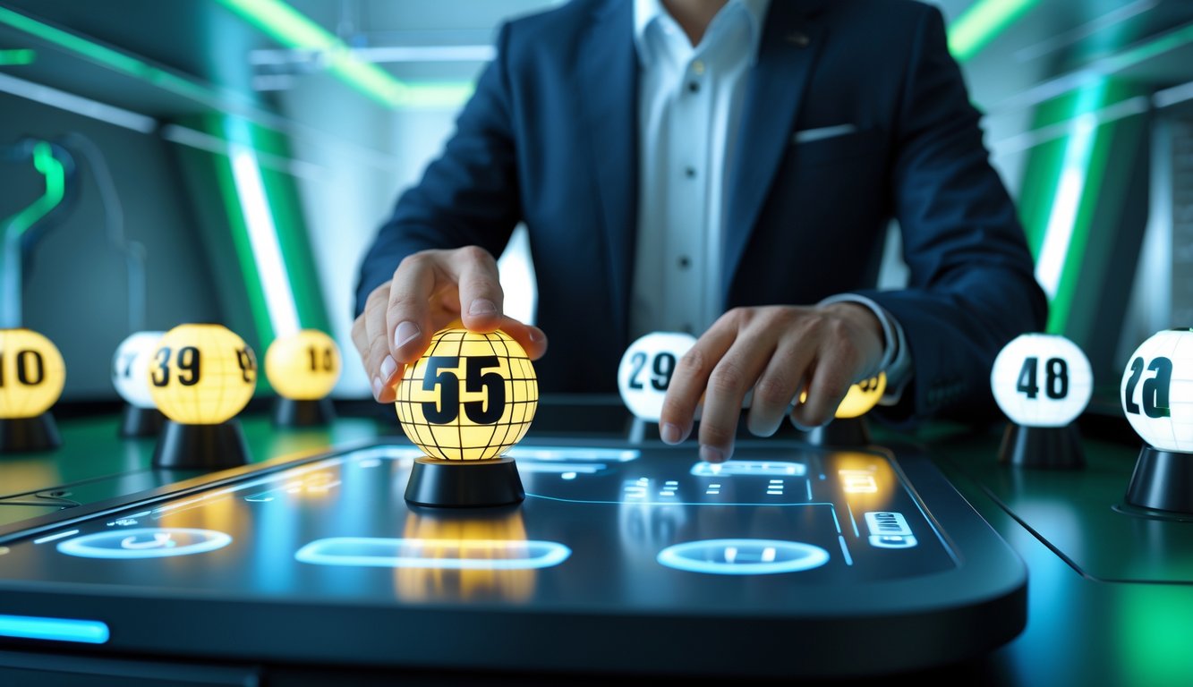 Seseorang menggunakan antarmuka digital dengan bola lotre 3D dalam suasana yang modern dan aman.