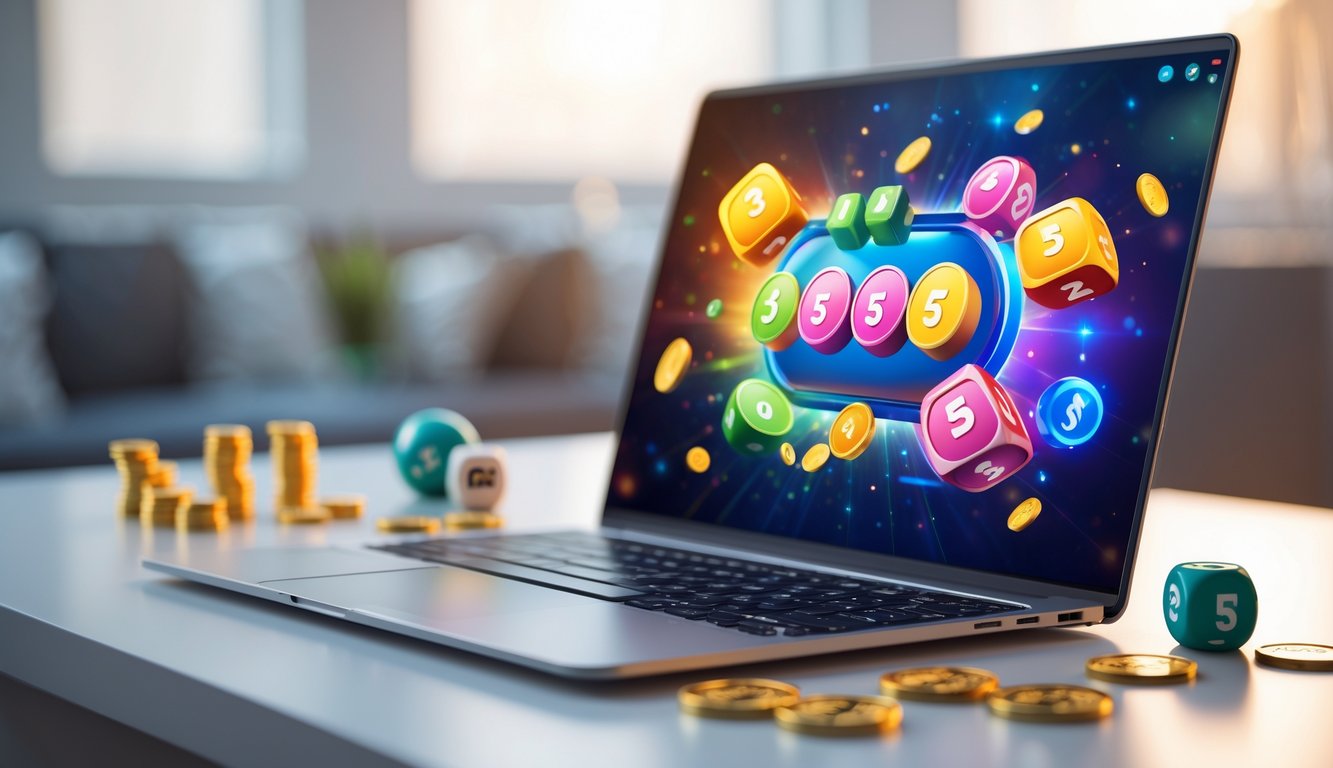 Sebuah laptop modern di atas meja dengan tampilan antarmuka permainan lotere 3D dan simbol bonus, dikelilingi oleh dadu, bola lotere bernomor, dan koin emas.