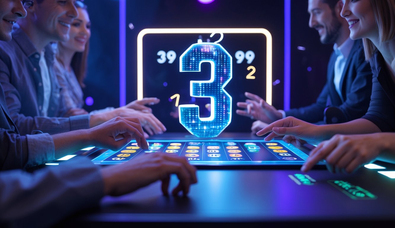 Orang-orang menggunakan antarmuka digital 3D untuk bermain permainan lotere dalam ruangan modern dengan pencahayaan neon.