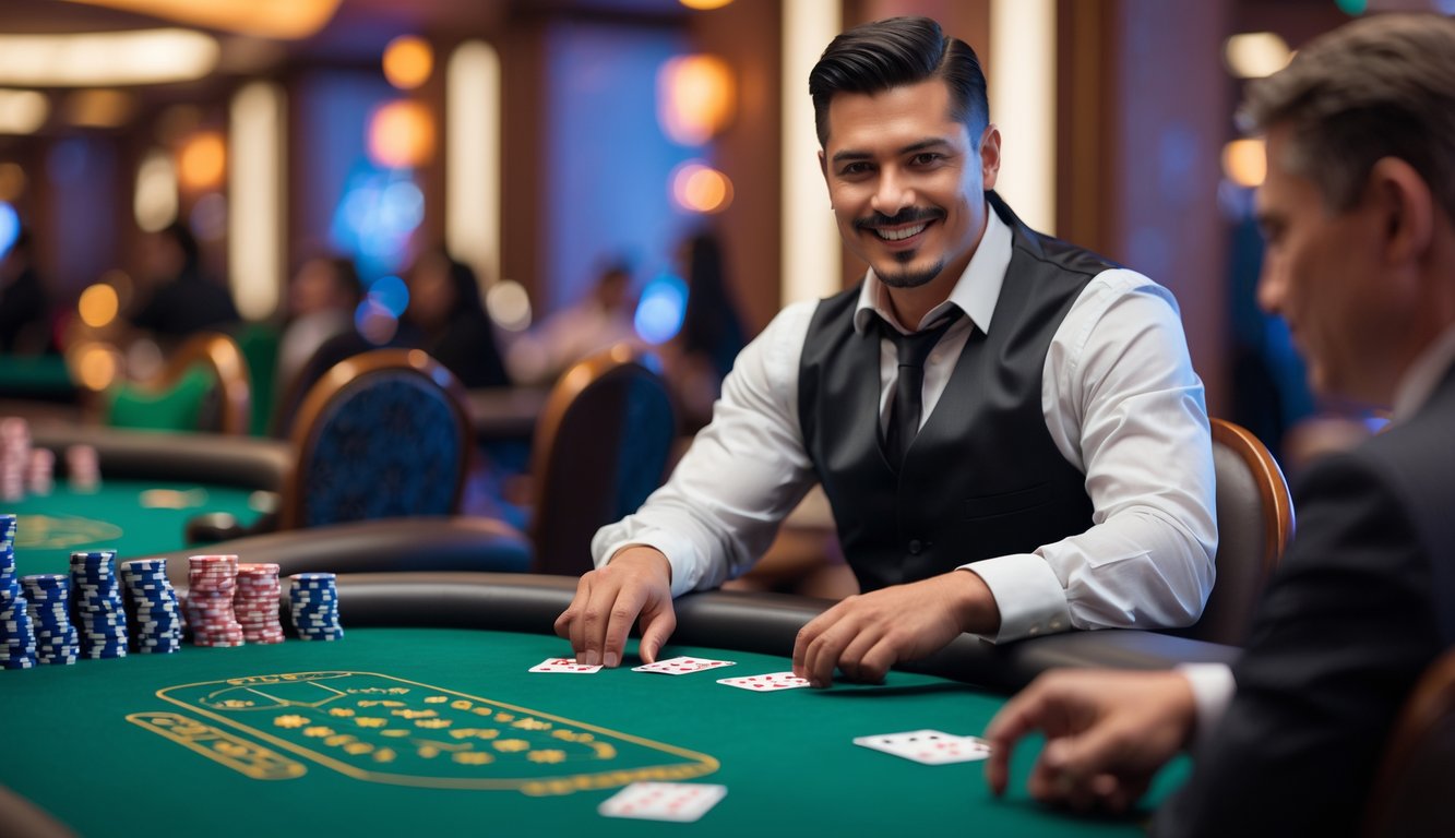 Seorang bandar poker pria yang percaya diri sedang membagikan kartu di meja kasino dengan suasana yang elegan dan pencahayaan yang baik.