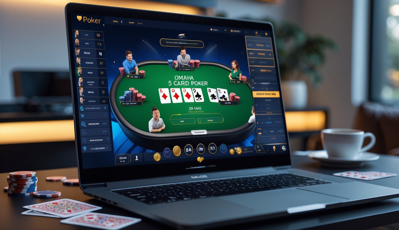 Sebuah meja poker digital di layar komputer dengan lima kartu untuk setiap pemain dalam suasana ruangan bermain yang modern.