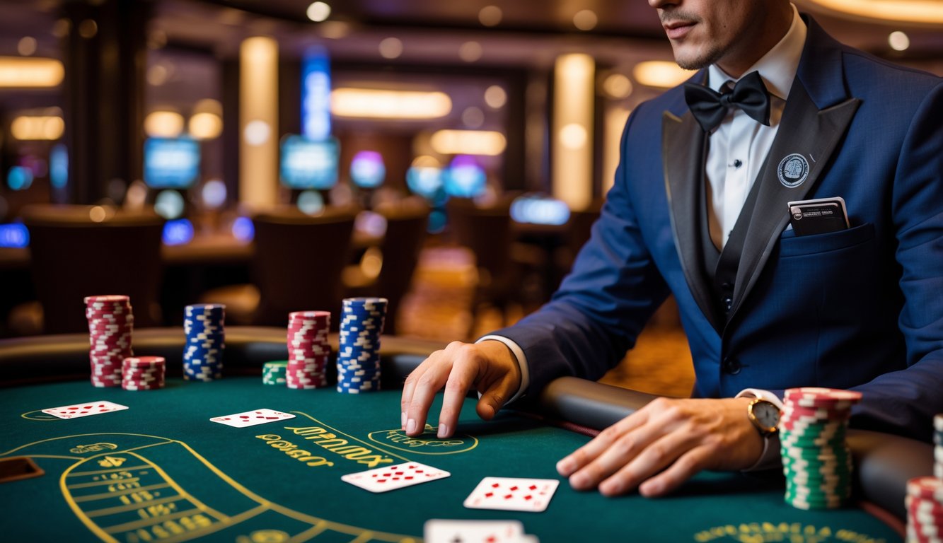 Seorang bandar kartu pria yang percaya diri sedang membagikan kartu di meja poker Omaha 5 Card di kasino.