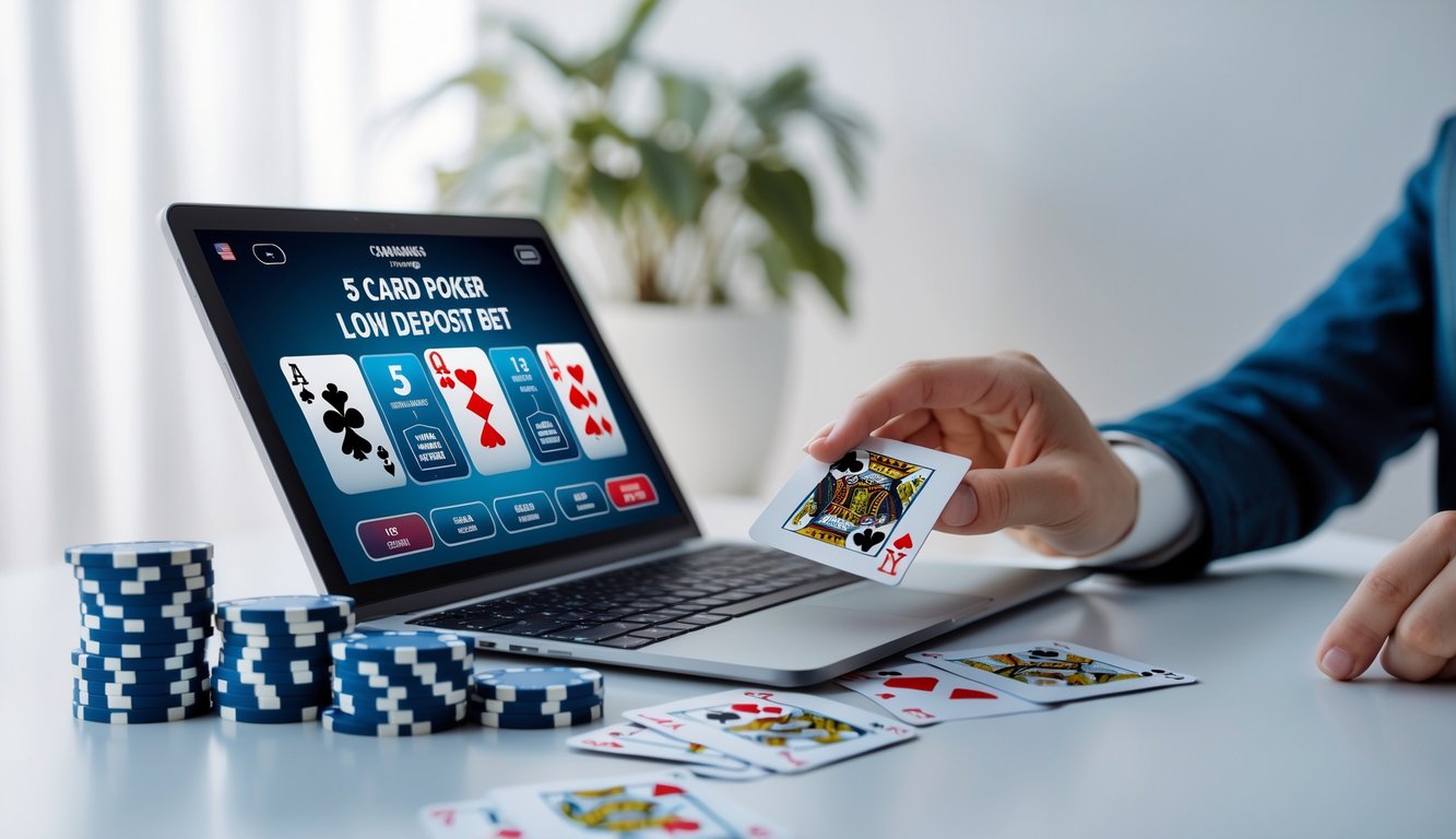 Seseorang menggunakan perangkat digital untuk bermain poker 5 kartu dengan tumpukan chip di sampingnya.