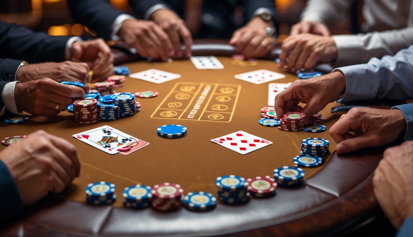 Tangan pemain sedang memegang kartu poker di atas meja permainan dengan tumpukan chip di sekitarnya.