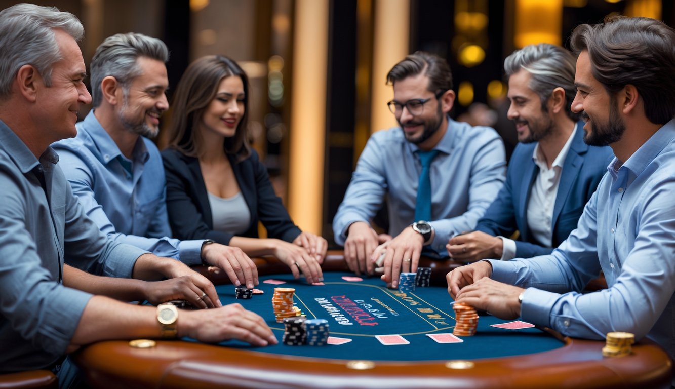 Sekelompok orang dewasa sedang bermain kartu 5 kartu di meja kasino dengan suasana aman dan terpercaya.