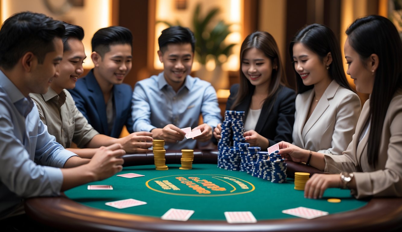 Sekelompok orang sedang bermain kartu Bandar Omaha di meja poker dengan suasana hangat dan santai.