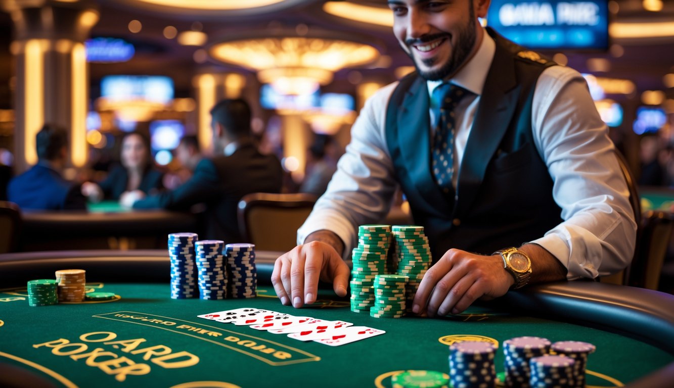 Seorang bandar sedang membagikan kartu di meja poker dengan tumpukan chip dan kartu yang menunjukkan kombinasi kemenangan 5 kartu, dikelilingi oleh pemain di kasino.