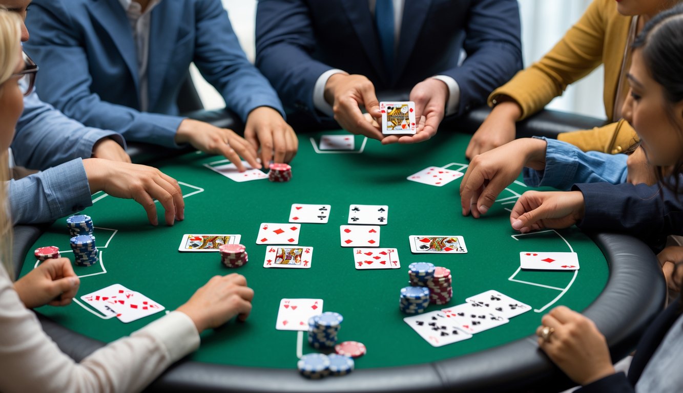 Meja poker dengan dealer dan beberapa pemain yang sedang belajar bermain Omaha 5 Card dengan kartu dan chip di atas meja.