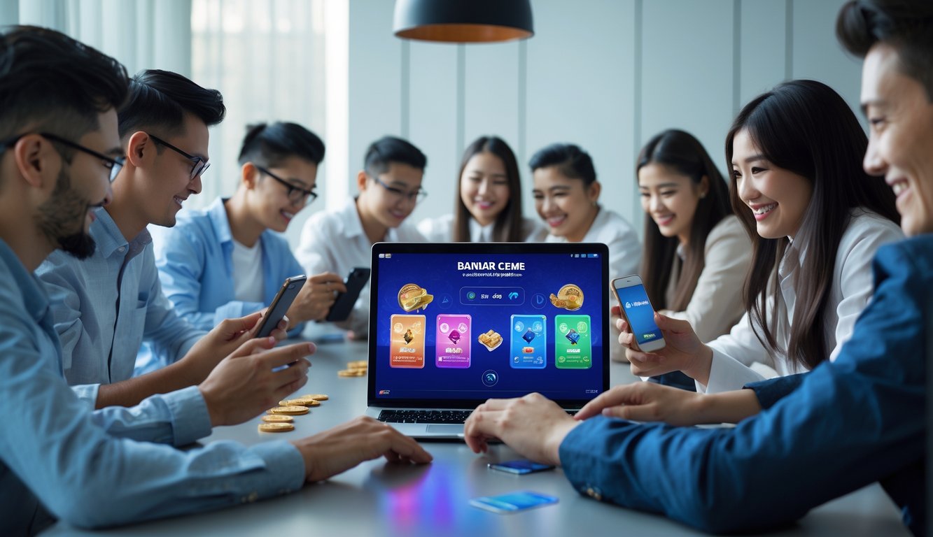 Beberapa orang bermain permainan kartu Bandar Ceme secara online menggunakan perangkat digital di ruangan yang terang dan rapi.