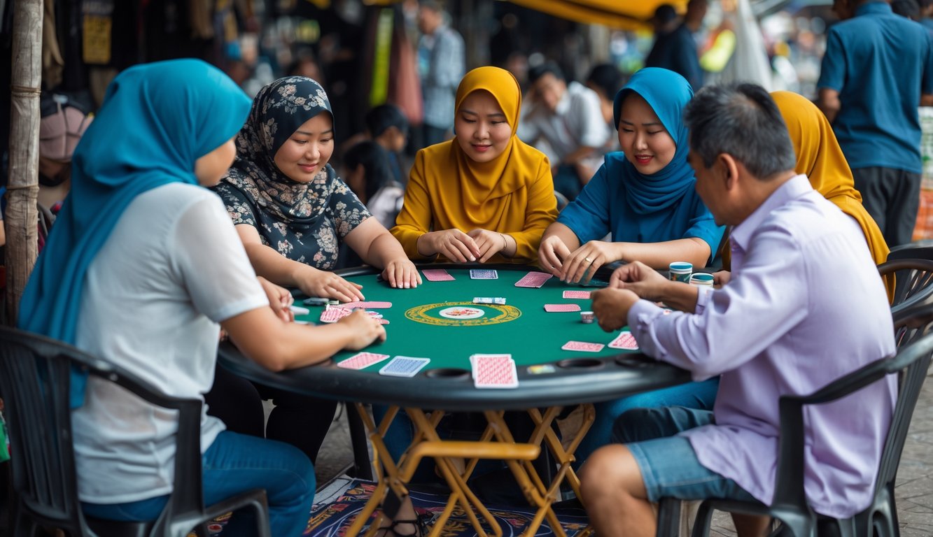 Sekelompok orang sedang bermain Bandar Ceme Keliling di meja portabel di luar ruangan.