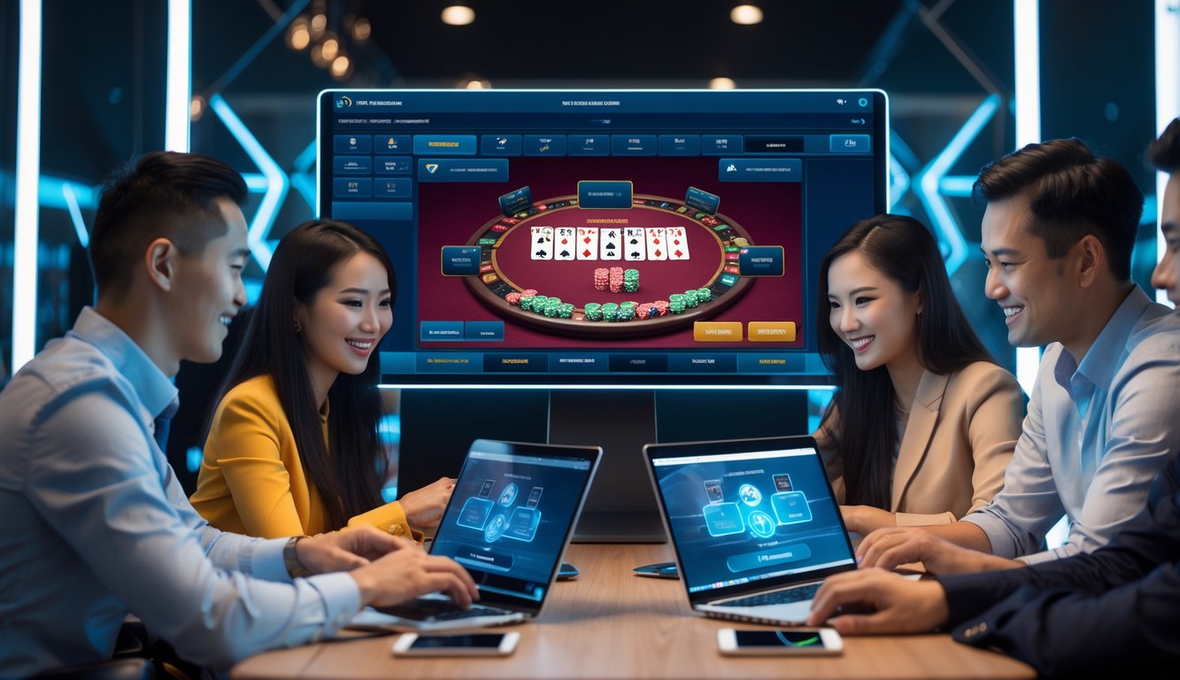 Beberapa orang muda bermain permainan kartu online di ruangan modern dengan komputer dan ponsel.