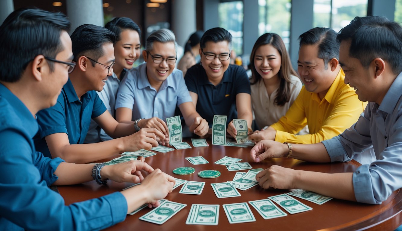 Sekelompok orang bermain Bandar Ceme Keliling menggunakan uang asli di atas meja.