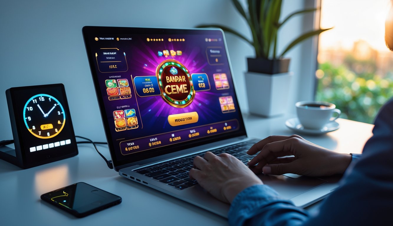 Seseorang menggunakan laptop di meja kerja dengan tampilan permainan kartu Bandar Ceme online di layar.