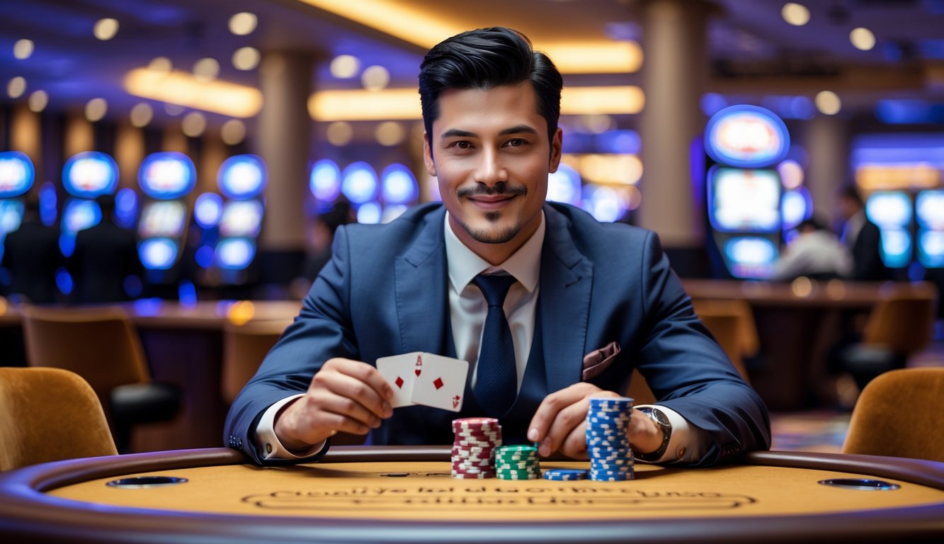 Seorang pria percaya diri duduk di meja kasino dengan kartu dan chip taruhan di depan.