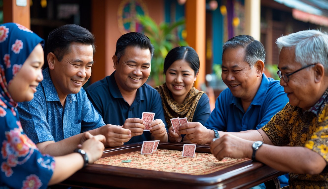 Sekelompok orang dewasa bermain kartu Bandar Ceme Keliling di luar ruangan dengan suasana ramah dan santai.
