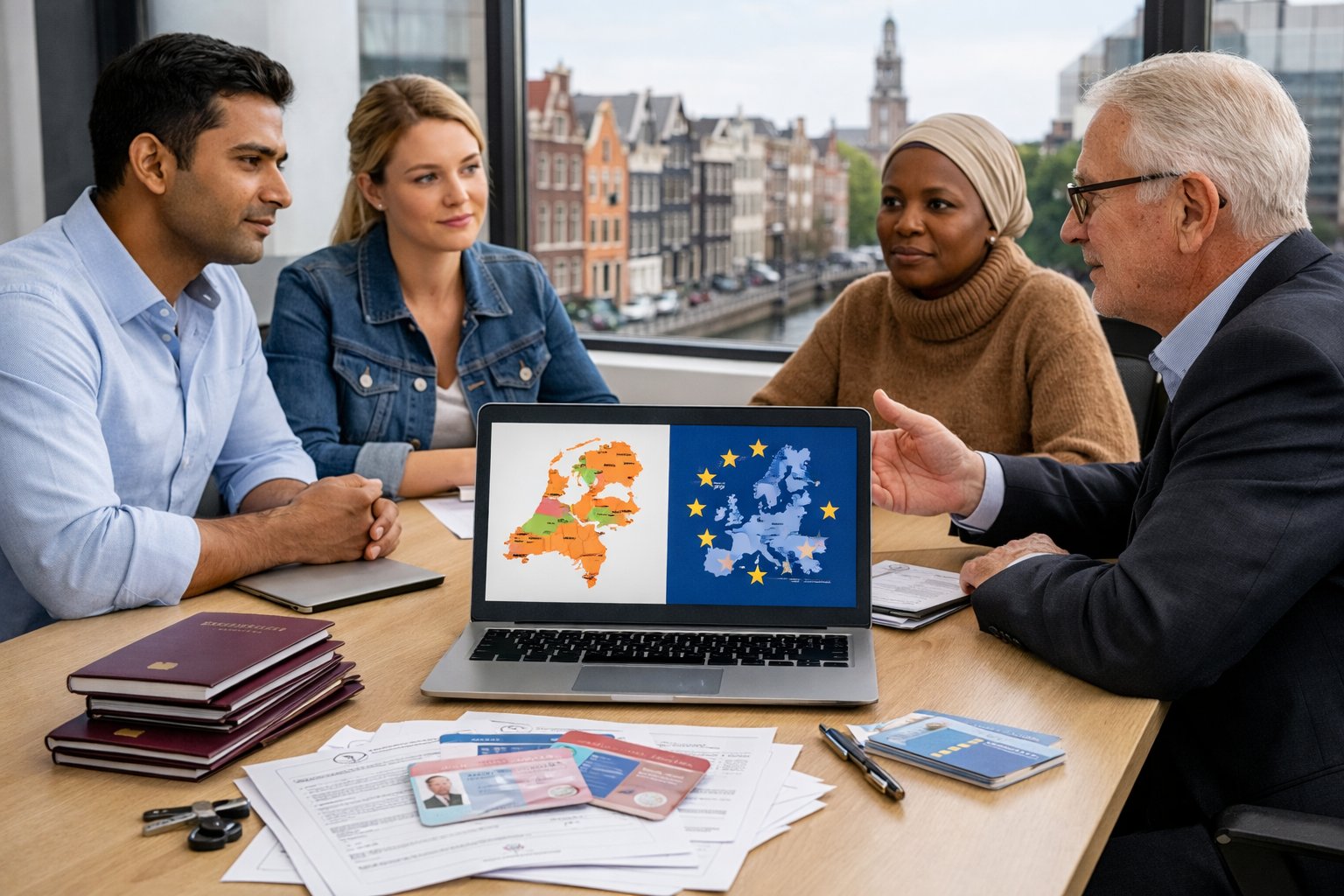 Een groep mensen bespreekt documenten in een kantoor met uitzicht op een Nederlandse stad.