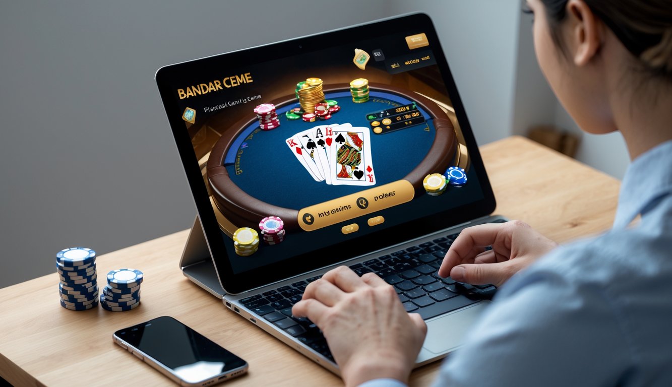 Seseorang bermain permainan kartu Bandar Ceme secara online menggunakan laptop di meja kayu dengan tumpukan chip poker kecil di dekatnya.