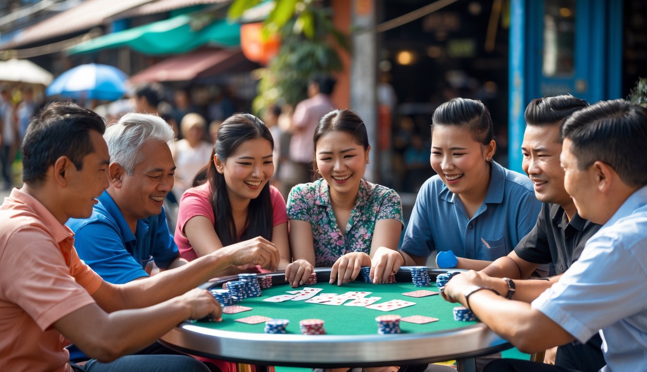 Sekelompok orang bermain kartu Bandar Ceme Keliling di luar ruangan dengan suasana ceria dan fokus.