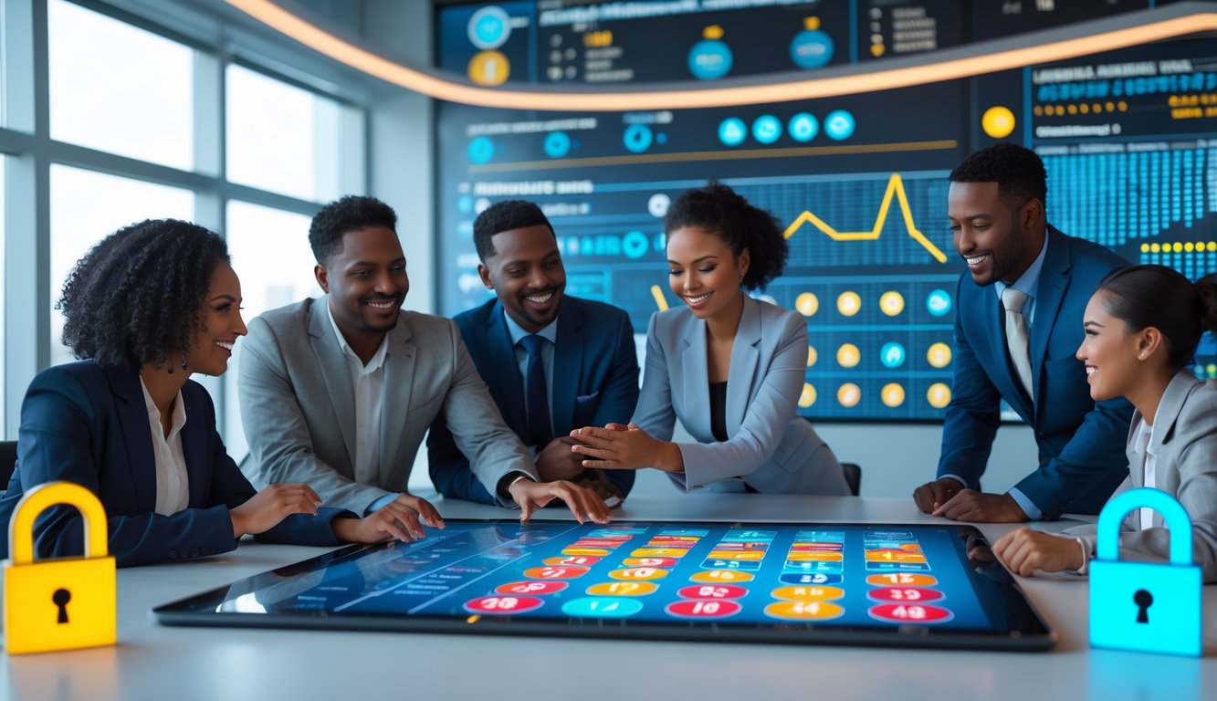 Suasana kantor modern dengan tim profesional yang sedang bekerja bersama di sekitar meja layar sentuh menampilkan angka dan grafik lotere 2D.