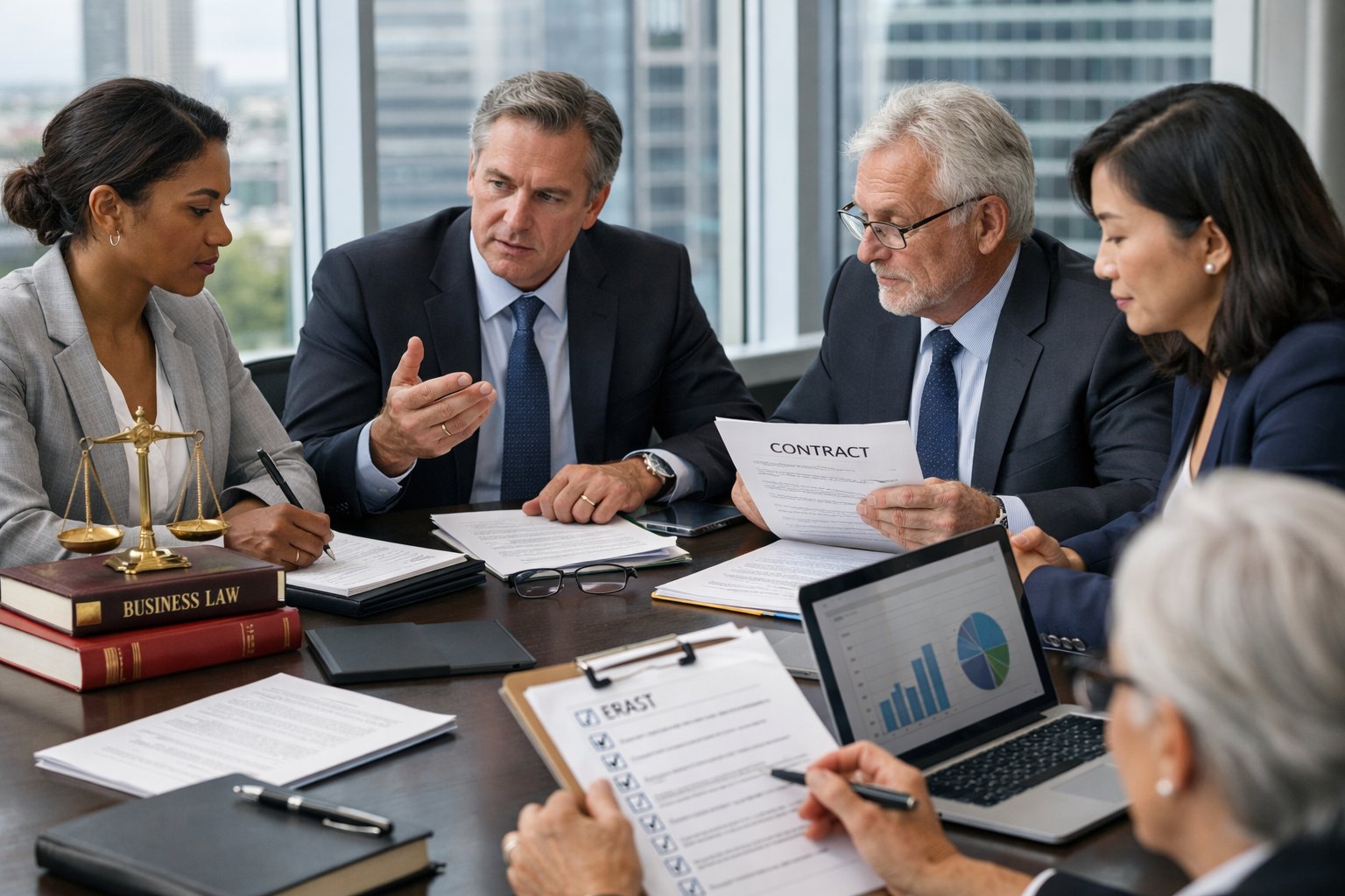 Een groep zakelijke professionals bespreekt juridische risico’s bij bedrijfsfusies en -overnames aan een vergadertafel in een modern kantoor.