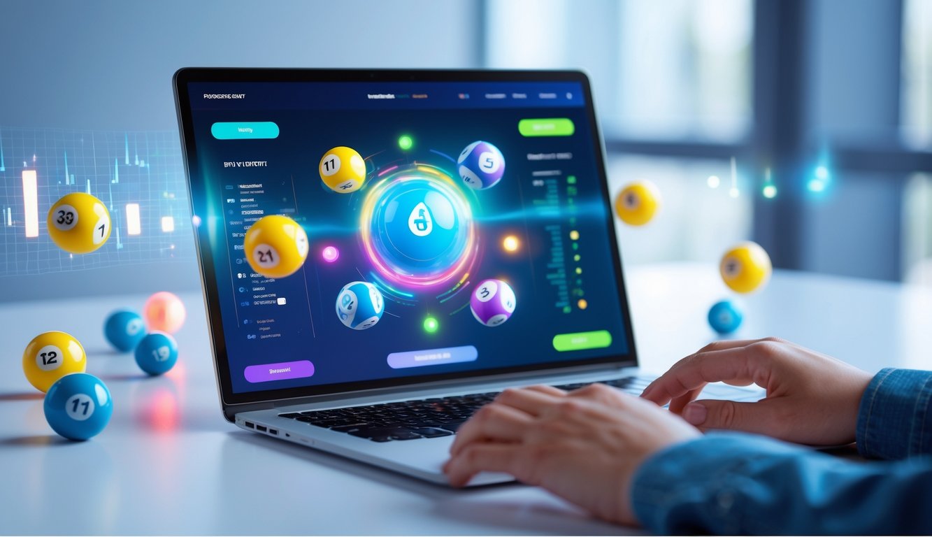 Seseorang menggunakan laptop dengan gambar bola lotere dan grafik digital di meja kerja yang bersih.