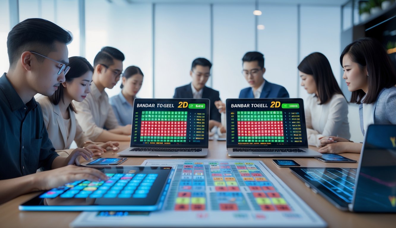 Orang-orang di meja dengan perangkat digital menampilkan angka dan grafik togel 2D dalam suasana kantor modern.