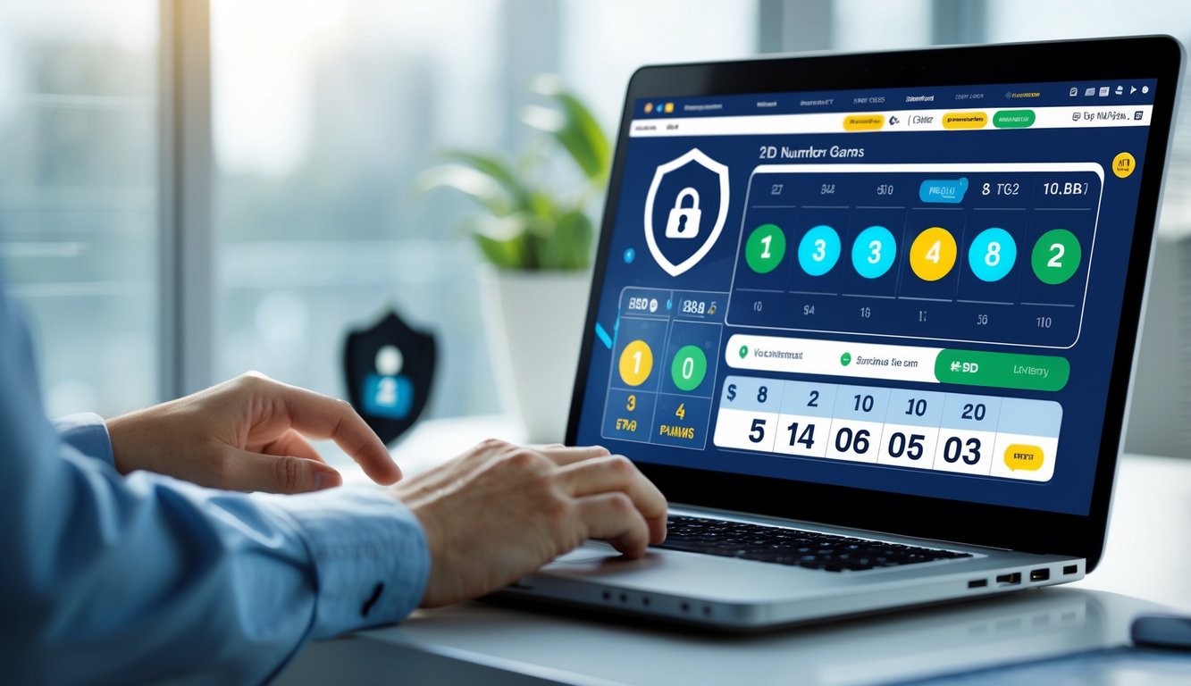 Seseorang menggunakan laptop di meja kerja yang rapi dengan tampilan antarmuka lotere digital dan simbol keamanan di latar belakang.