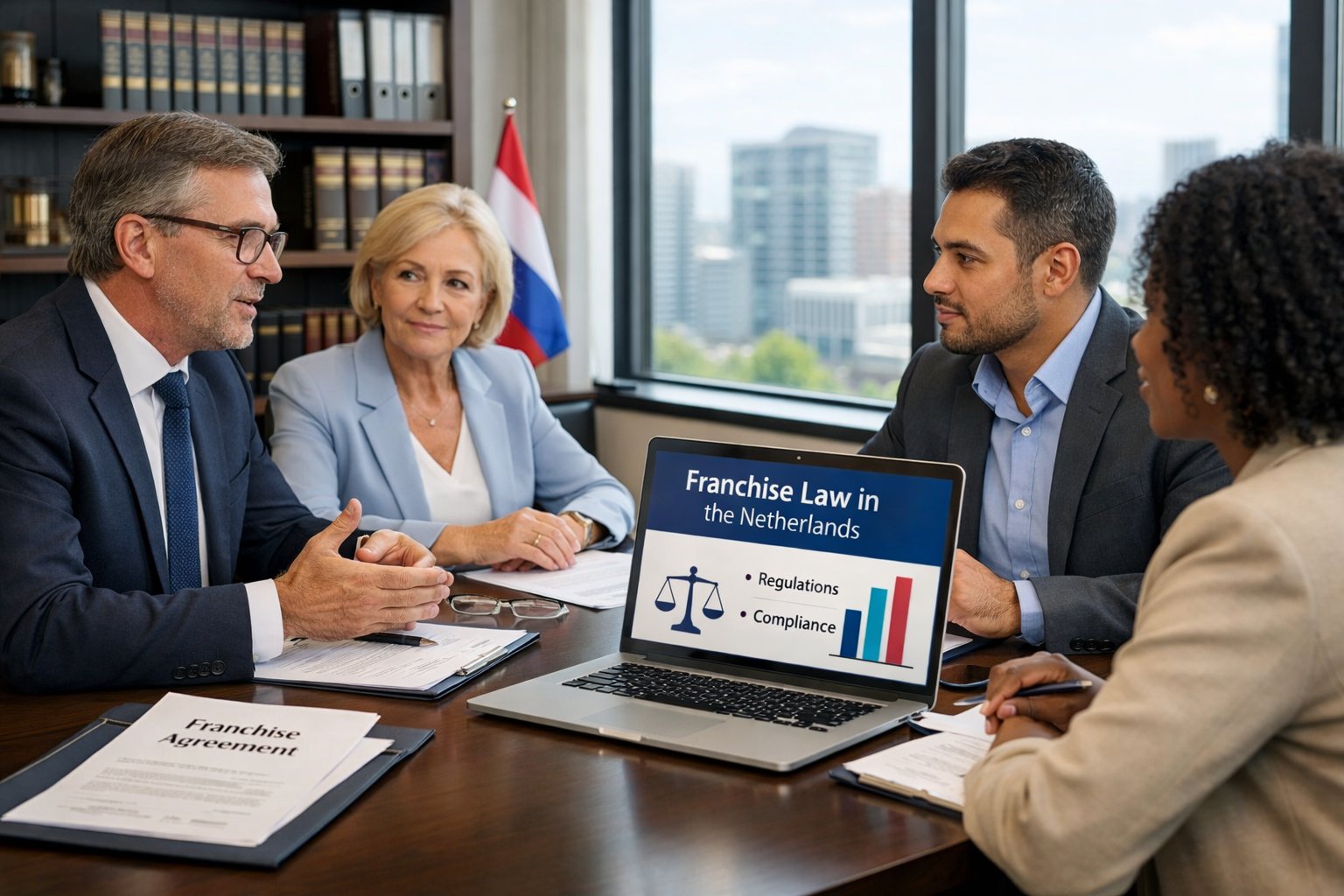 Juridisch kader van franchising in Nederland: Wetgeving, contracten en praktijk 2 Een groep zakelijke professionals bespreekt juridische documenten in een kantoor met uitzicht op een Nederlandse stad.