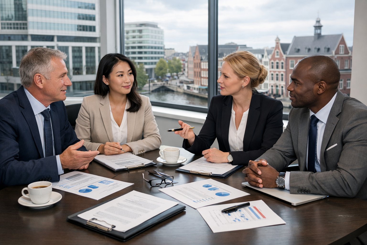Juridisch kader van franchising in Nederland: Wetgeving, contracten en praktijk 3 Een groep professionals bespreekt franchisewetgeving aan een vergadertafel in een kantoor met uitzicht op een Nederlandse stad.