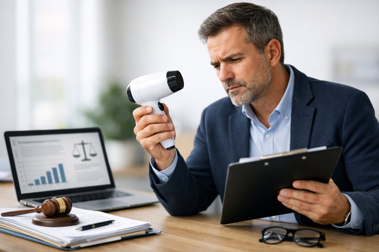 Productaansprakelijkheid uitgelegd: wat kun je eisen en verwachten? 3 Een professional onderzoekt aandachtig een product in een kantooromgeving, met documenten en een laptop op een bureau.