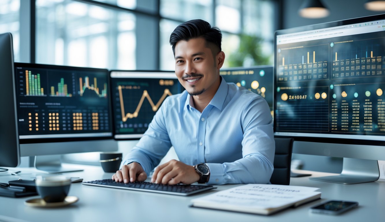 Seorang pria Asia Tenggara duduk di depan beberapa layar komputer yang menampilkan grafik dan data angka togel 2D, terlihat fokus dan percaya diri di sebuah kantor modern.