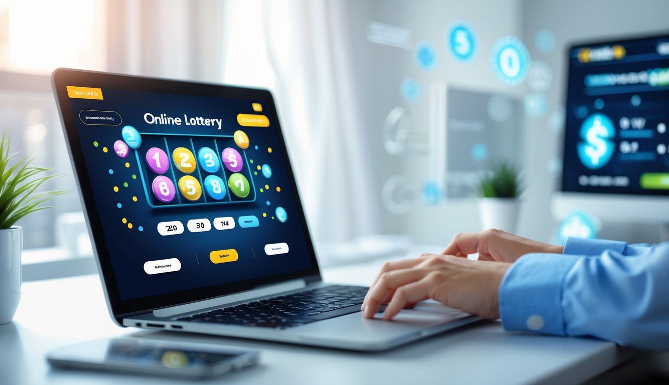 Seorang pengguna sedang berinteraksi dengan laptop yang menampilkan permainan togel 2D di meja kerja yang rapi dan terang.