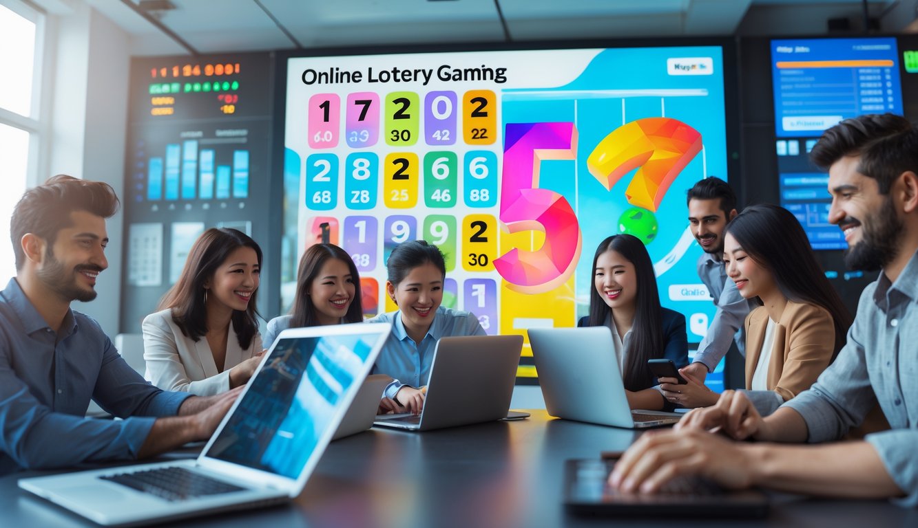 Sekelompok orang muda di kantor modern sedang menggunakan perangkat digital untuk bermain lotre online dengan suasana ceria dan profesional.