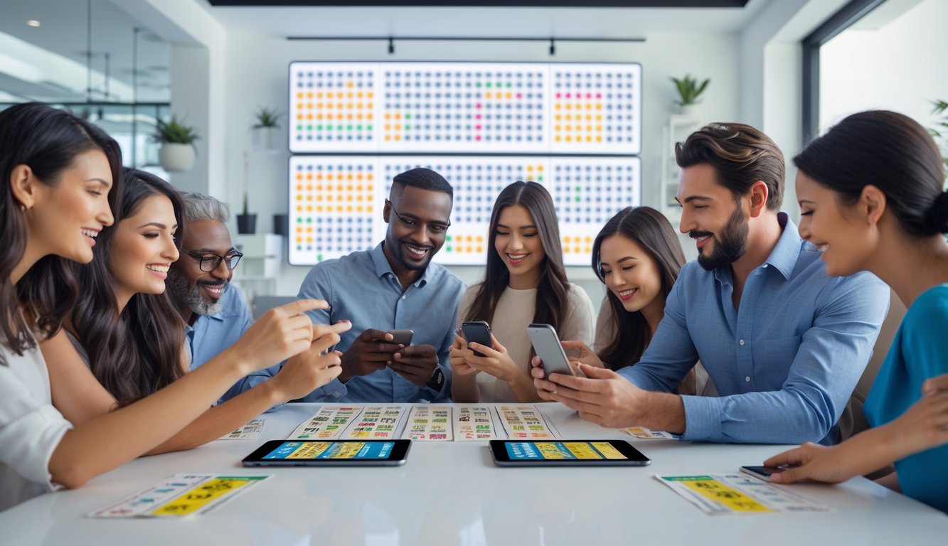 Sekelompok orang sedang menggunakan perangkat digital untuk bermain dan berdiskusi tentang permainan togel 2D di ruangan modern yang terang dan bersih.