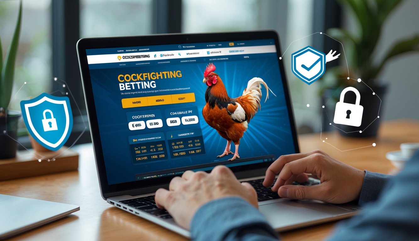 Seseorang menggunakan laptop di meja kerja dengan tampilan situs taruhan sabung ayam online yang aktif dan terpercaya.