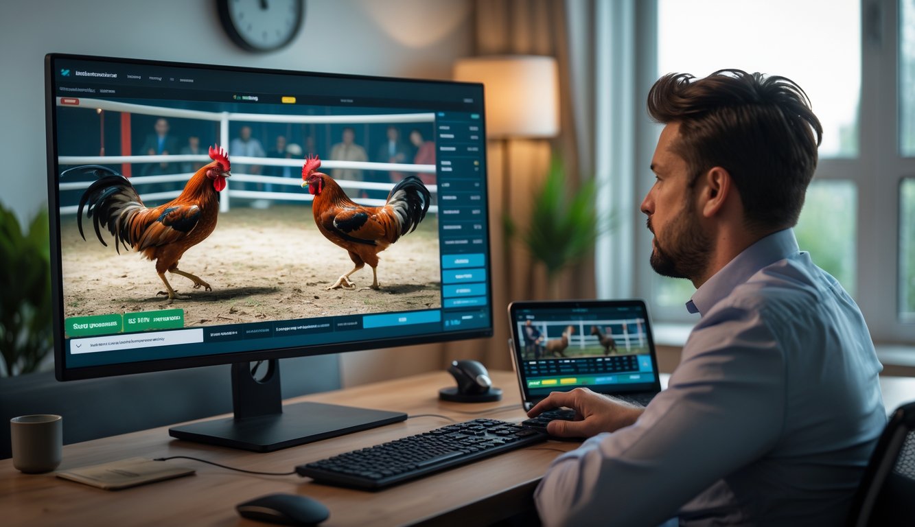Seseorang menonton pertandingan sabung ayam secara langsung di layar komputer di sebuah ruangan modern.