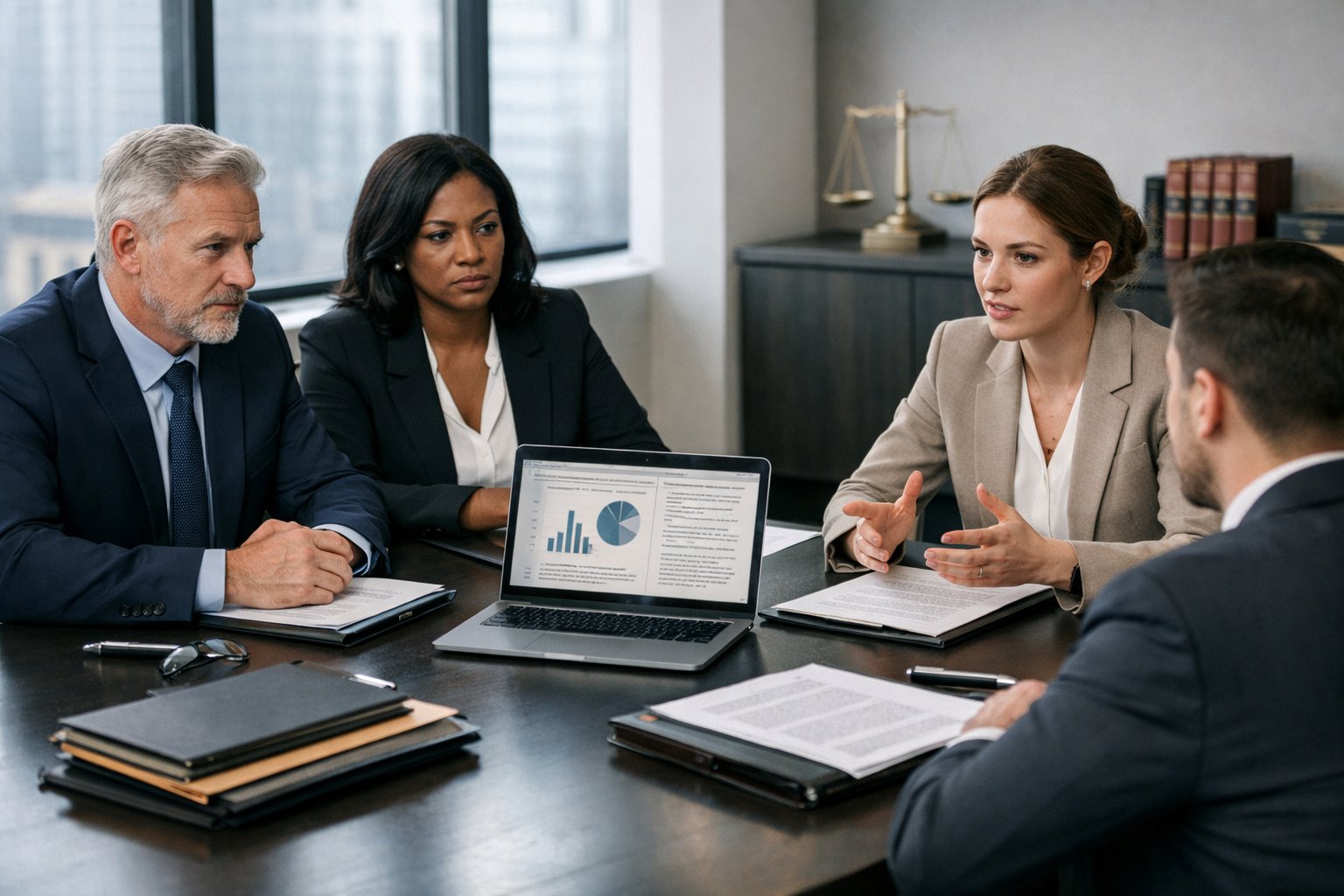Een groep werkgevers en HR-professionals bespreekt serieus juridische kwesties rond ontslag in een moderne vergaderruimte.