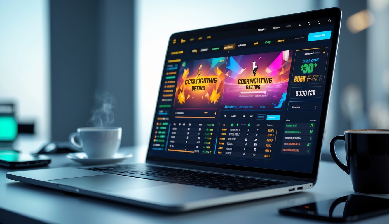 Seorang pria menggunakan laptop di meja kerja dengan tampilan situs taruhan sabung ayam online yang hidup dan penuh warna.