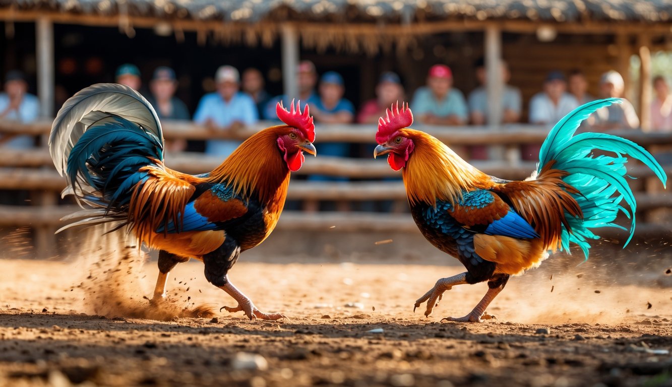 Dua ayam jago sedang bertarung di arena dengan penonton di latar belakang.