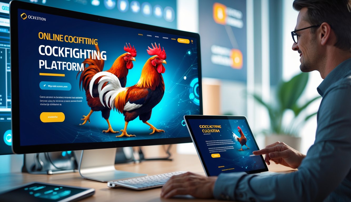 Orang menggunakan laptop di ruang kerja modern dengan layar menampilkan grafik ayam aduan digital yang dinamis.