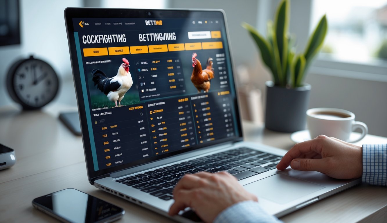 Seorang pria menggunakan laptop di meja kerja dengan tampilan situs taruhan sabung ayam online di layar.