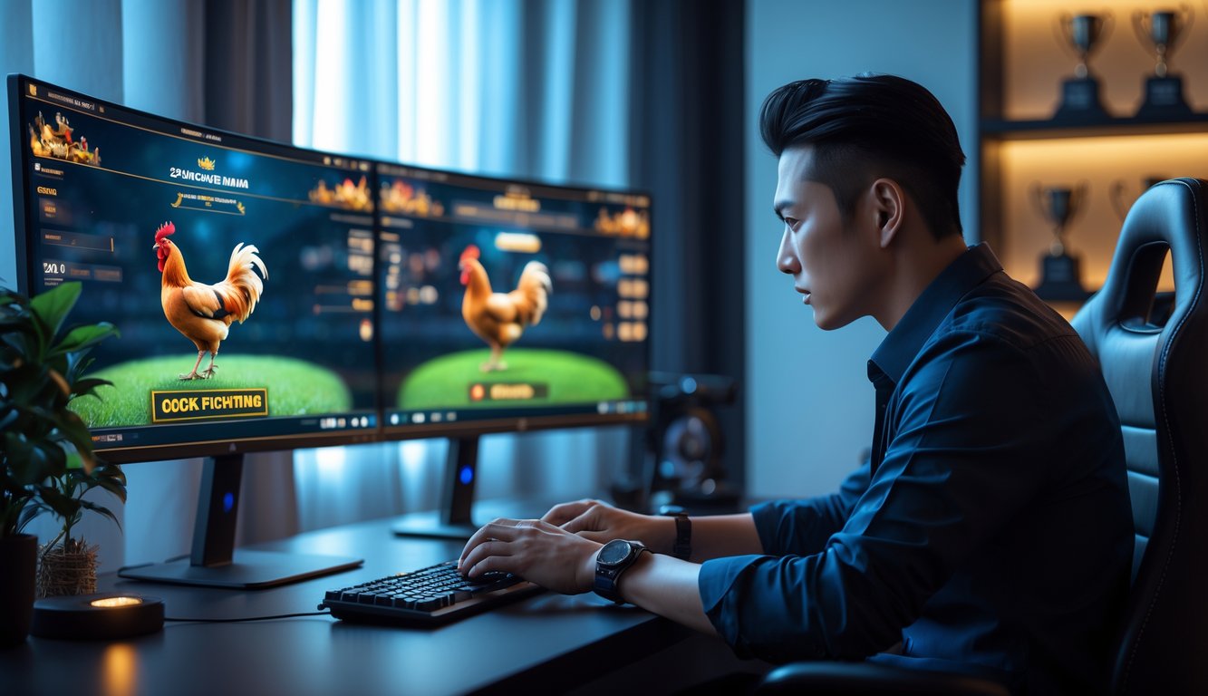 Seorang pria dewasa bermain game online di ruang gaming modern dengan beberapa monitor dan pencahayaan lembut.