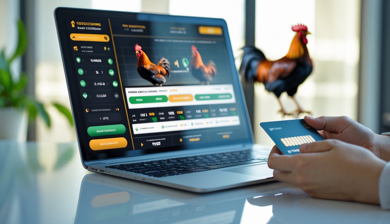 Seseorang menggunakan laptop dan memegang kartu kredit di meja dengan gambar ayam aduan samar di latar belakang.
