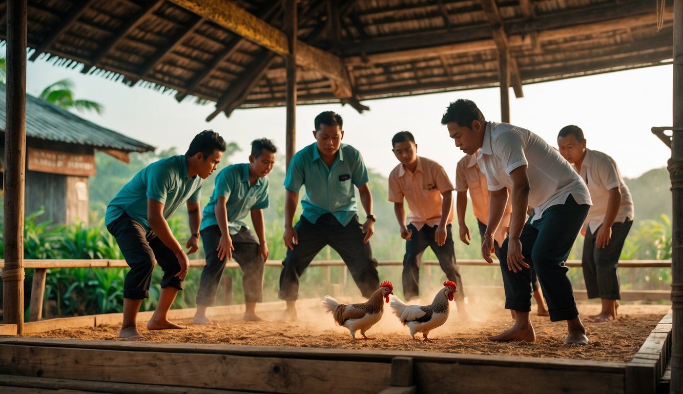 Sejumlah pria berkumpul di arena sabung ayam tradisional di lingkungan pedesaan.